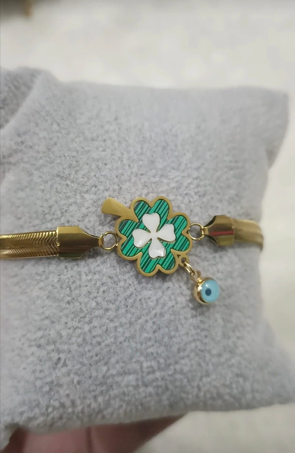 Stunning Stainless Steel Flower Blue Evil Eye Charm Bracelet