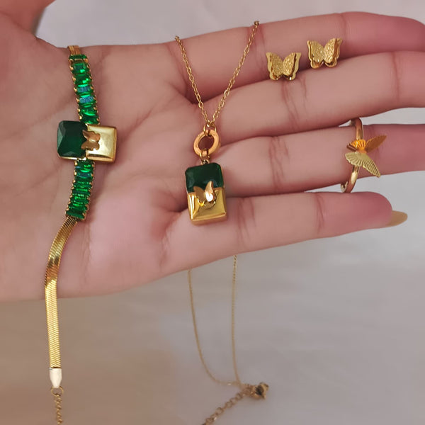 Stainless Steel Butterfly Zirconia ( Green ) Combo Deal