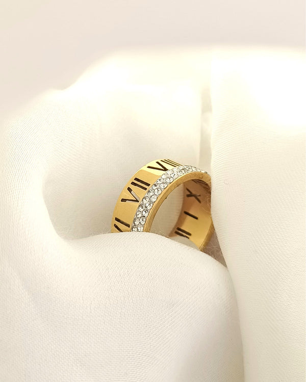 Roman Numeral 18k Gold Studded Ring