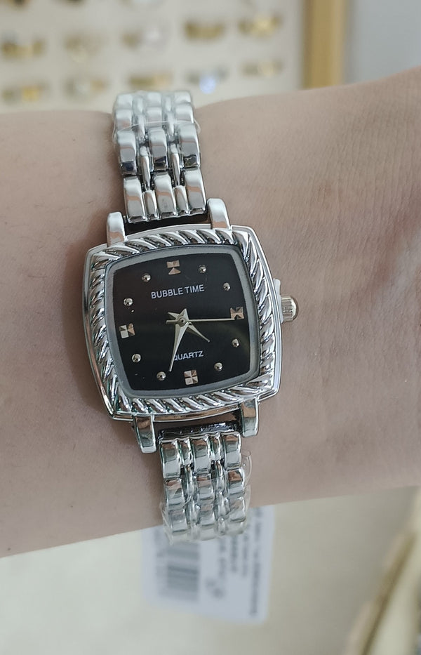 Silver Watch Black Square Dial | Stainless Steel