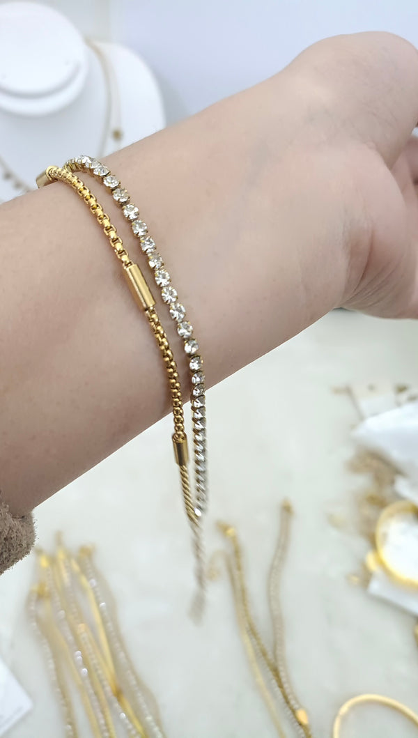 Stainless Steel Double Chain Bracelet with Sparkling Rhinestones