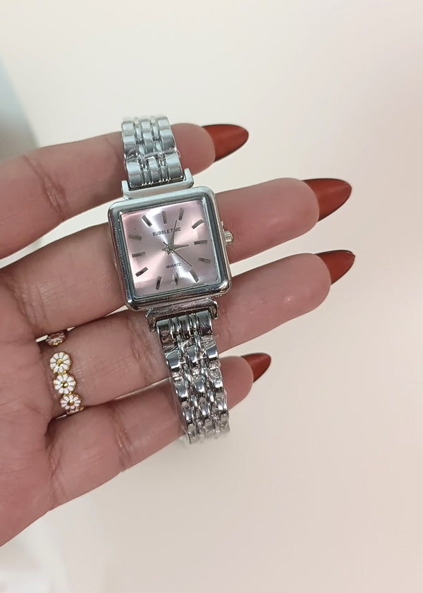 Elegant Steel Pink Dial Watch