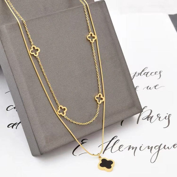 Double Layer Four Leaf Clover Necklace -Water Proof & Gold Plated