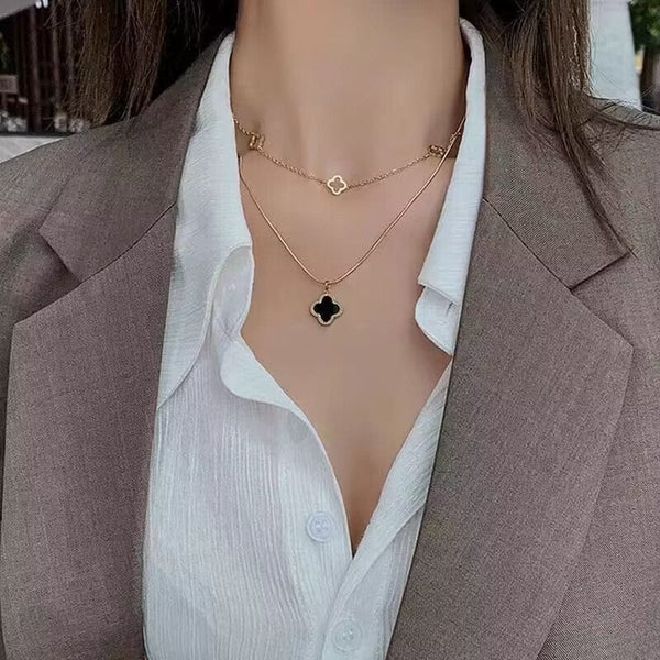 Double Layer Four Leaf Clover Necklace -Water Proof & Gold Plated