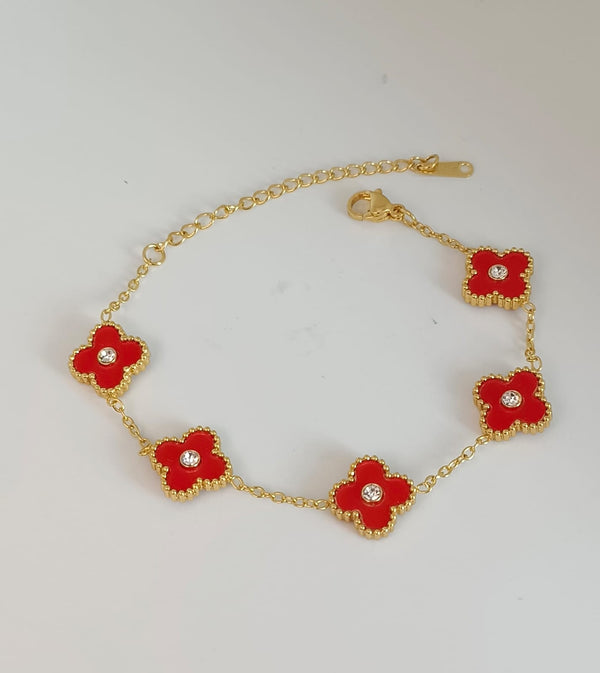 Red Stainless Steel Clover Studded Bracelet