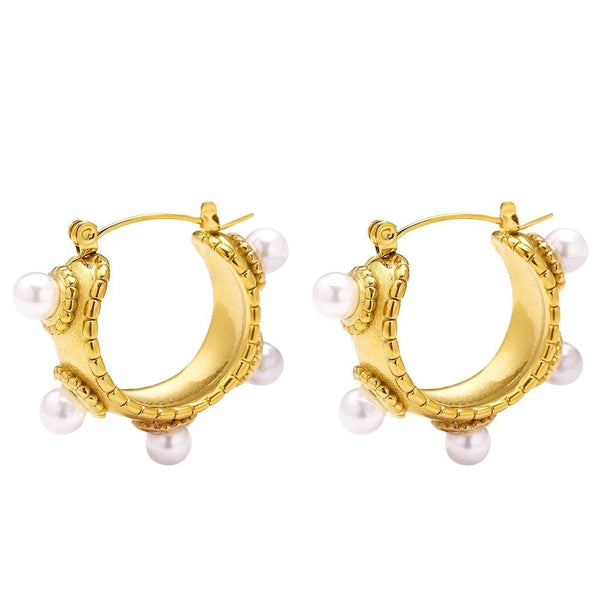 Water Proof Gold Pearl Hoops Earrings
