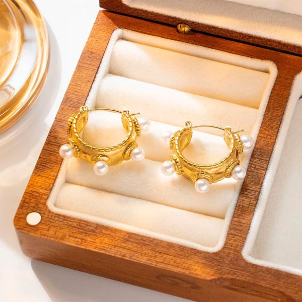 Water Proof Gold Pearl Hoops Earrings