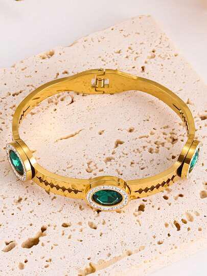 Water Proof Irregular Emerald ObliqueGreen Zircon 18k Gold Plated Bangle