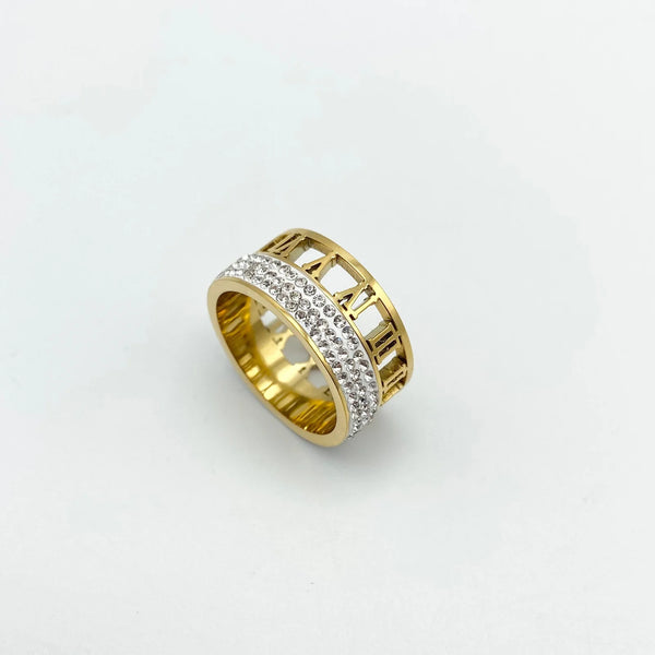 Roman Numeral 18k Gold Studded Ring