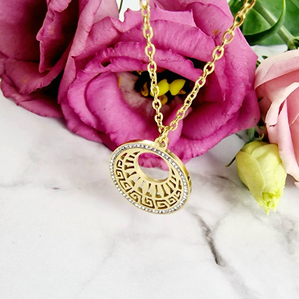 Stainless Steel Gold Plated Greek Pattern Necklace & Earrings Set