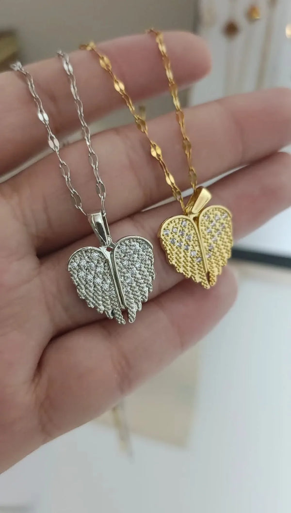 Zircon Love Wings Openable Pendant Silver Necklace | Stainless Steel