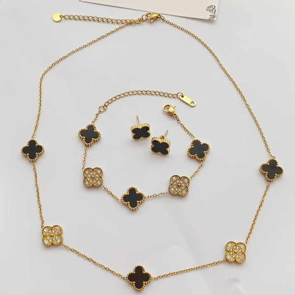 Luxury Stainless Steel Stone Studded Double Sided Clover Set