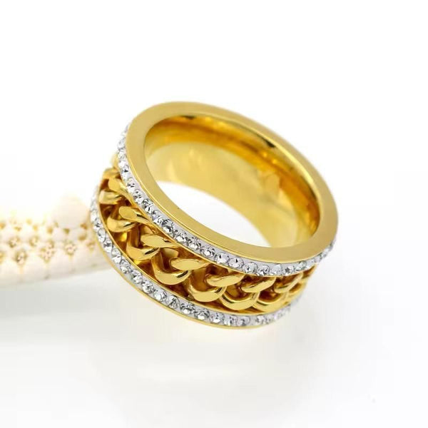 Stainless Steel Gold Plated Spinner Ring with Chain Link and Cubic Zirconia