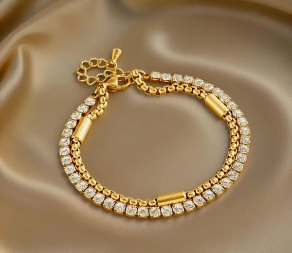 Stainless Steel Double Chain Bracelet with Sparkling Rhinestones