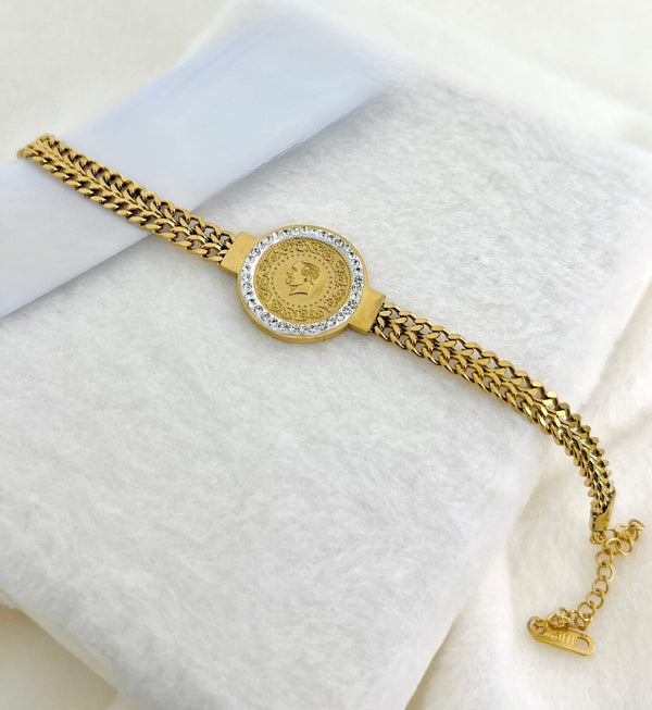 18kgold Plated Twisted Curb Chain With Round Plate & Printed Portrait & Rhinestone Decor Bracelet