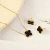 Four Leaf Clover 2 Sided Pendant With Ear Studs (Black) 2pcs Set