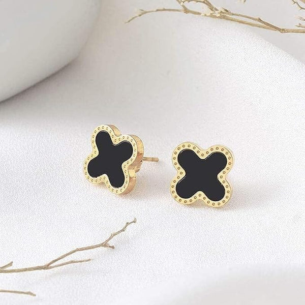 Trendy Black and Gold Four Leaf Clover Stud Earring