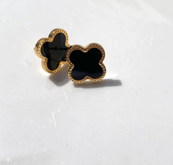 Trendy Black and Gold Four Leaf Clover Stud Earring