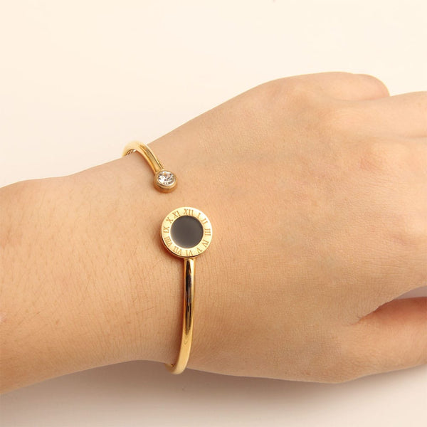 Stainless Steel Roman Numerals Bangle Open Cuff for Women