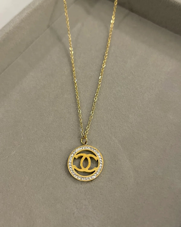 CHANEL CC Stone Studded Golden Chain Pendant Necklace