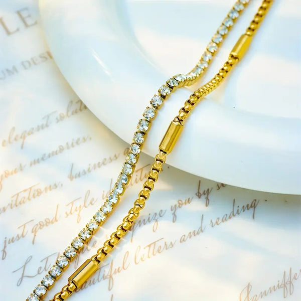 Stainless Steel Double Chain Bracelet with Sparkling Rhinestones