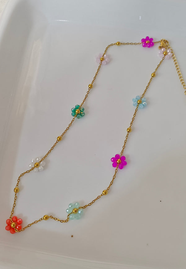 Multi Crystal Flower Chain Necklace