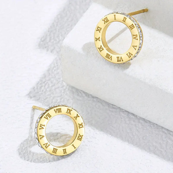 Water Proof Roman Numerals Hollow Stud Earrings