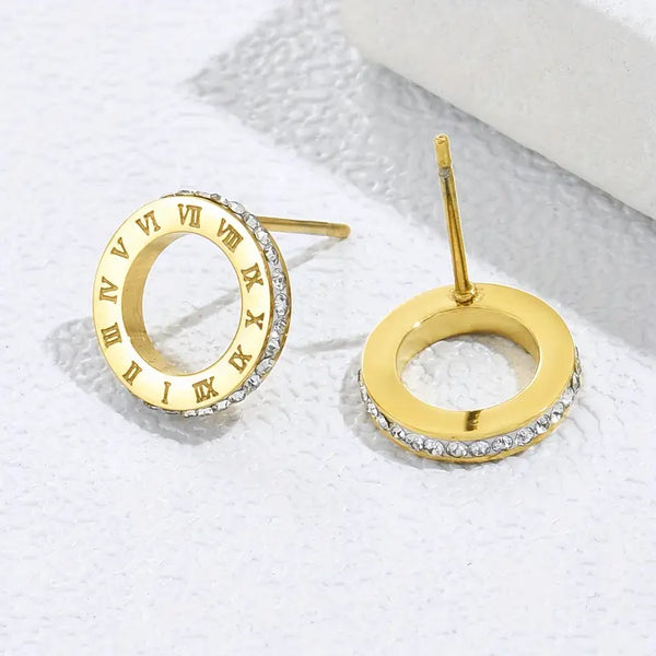 Water Proof Roman Numerals Hollow Stud Earrings