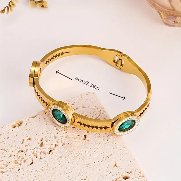 Water Proof Irregular Emerald ObliqueGreen Zircon 18k Gold Plated Bangle