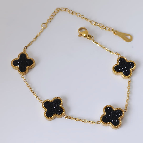 Sparkling Stone Studded Stainless Steel 18kgold Four Leaf Clover Bracelet