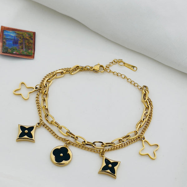 Waterproof Flower Star Double Layered Bracelet (Black) Gold Plated And Rust-proof