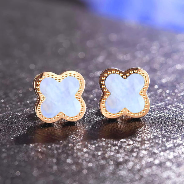 Trendy White and Gold Four Leaf Clover Stud Earring