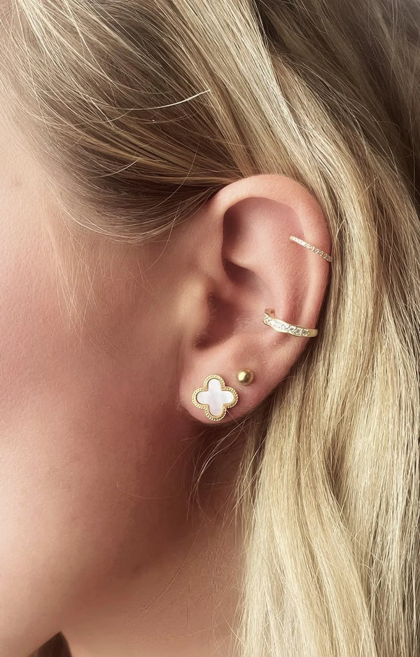 Trendy White and Gold Four Leaf Clover Stud Earring