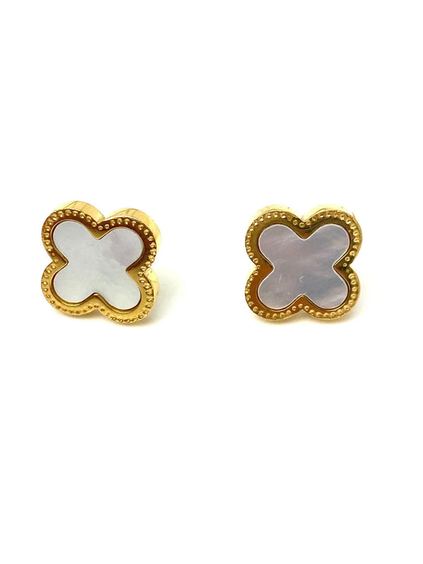 Trendy White and Gold Four Leaf Clover Stud Earring