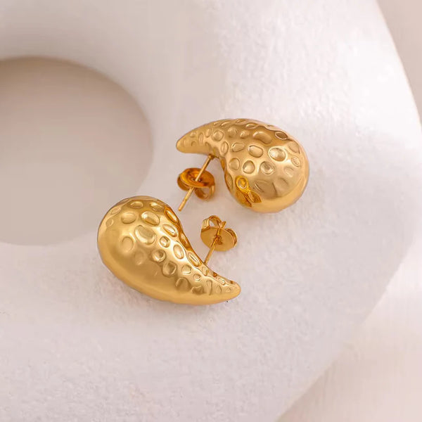 Gold Self Textured Tear Drop Earrings