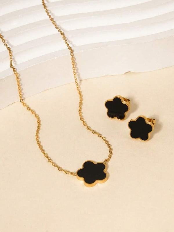 Japan-Korea Style Flowers Black Stainless Steel Necklace Earrings