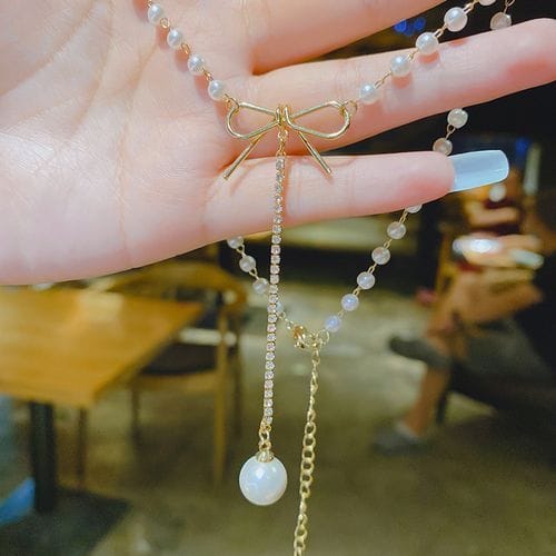 Graceful Bow Tassel Pearl Drop Pendant | Elegant Pearl Choker Necklace