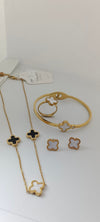 Stainless Steel 4 Piece Clover Set With Hand Cuff White and Black