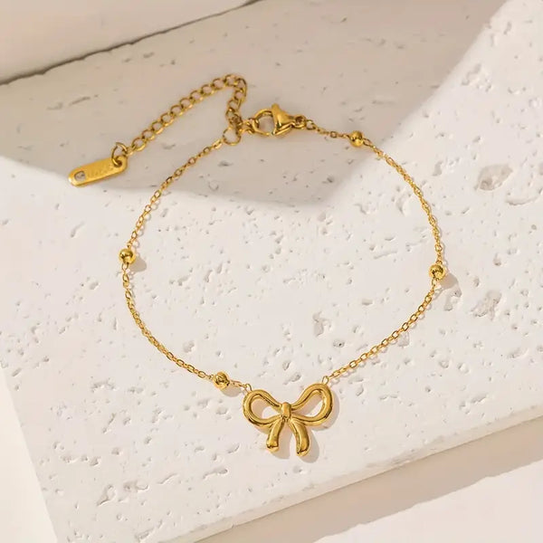 Hollow Bow Shape & Round Bead Bracelet – Waterproof & Tarnish-Free