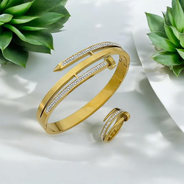 Water Proof Crystal Nail Design Bangle And Ring | 18k Gold Plated | Stainless Steel