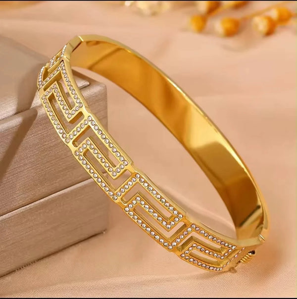 Greek Motif Zircon Bangle | Gold Plated & Stainless Steel
