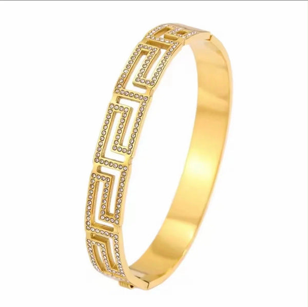 Greek Motif Zircon Bangle | Gold Plated & Stainless Steel