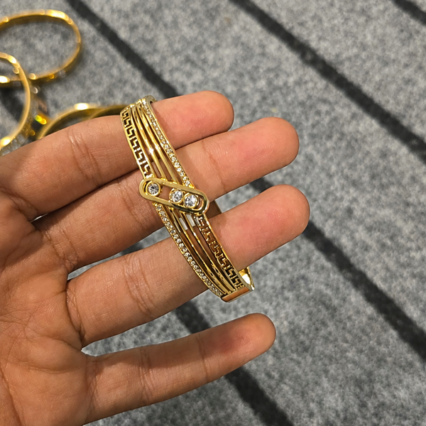 Greek Key Cluster Pave Bangle | Gold Plated & Stainless Steel