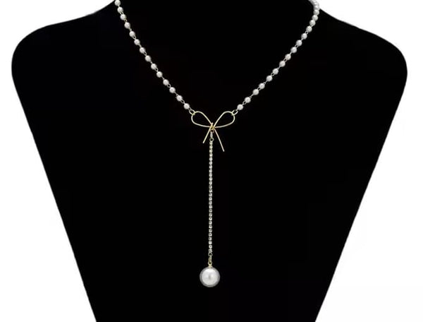 Graceful Bow Tassel Pearl Drop Pendant | Elegant Pearl Choker Necklace