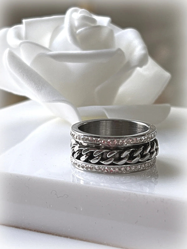 Chain Flow Zircon Ring - Stainless Steel High Polished 18k White Gold Ring for Men and Women