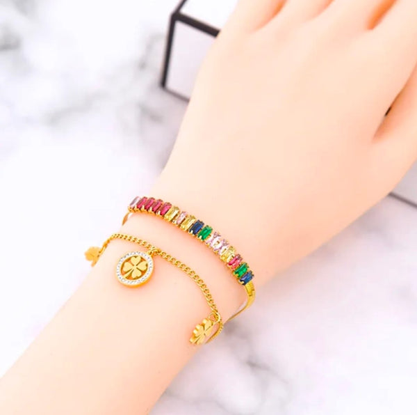 18k Gold Plated Non Tarnish Stainless Steel Double Layer Four Leaf Clover Bracelet