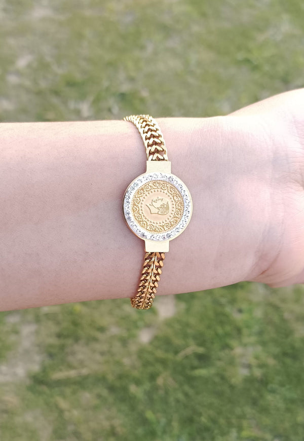 18kgold Plated Twisted Curb Chain With Round Plate & Printed Portrait & Rhinestone Decor Bracelet