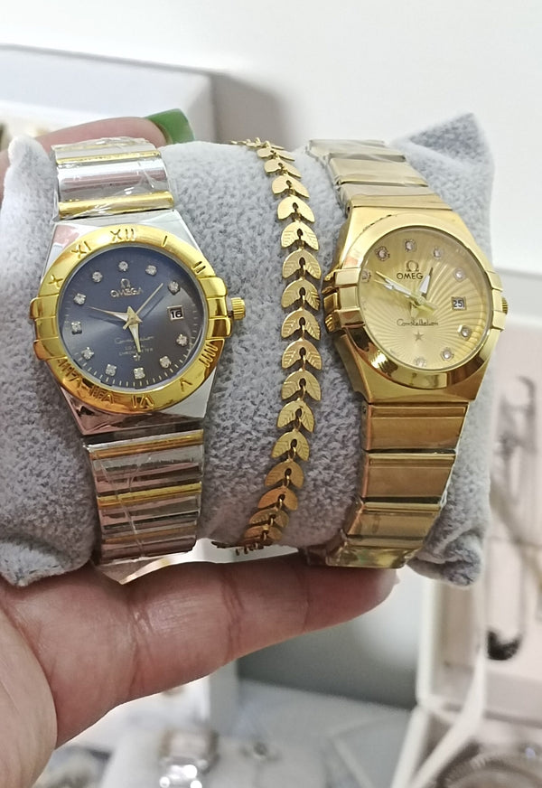 OMEGA Yellow Gold Premium Stainless Steel Men's And Women's Watch