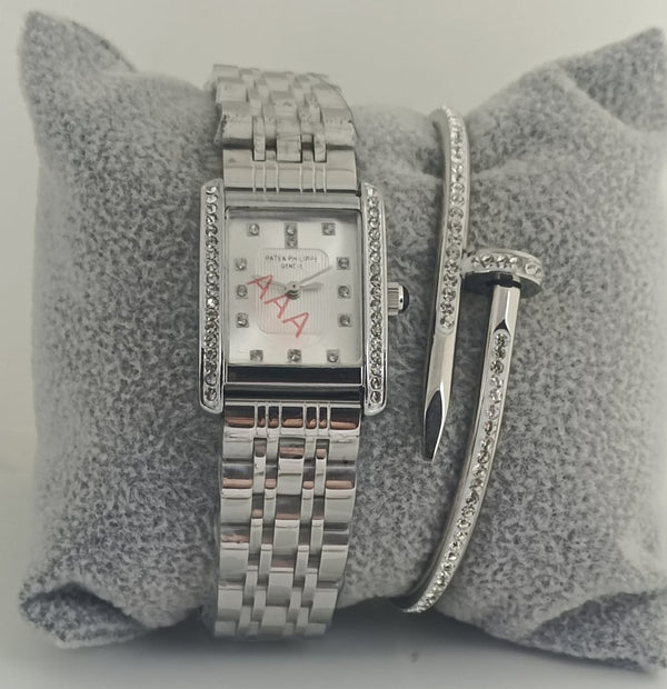 Brand Inspired Silver Stainless Steel Stone Studded Ladies Watch