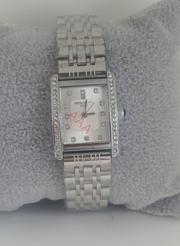 Brand Inspired Silver Stainless Steel Stone Studded Watch